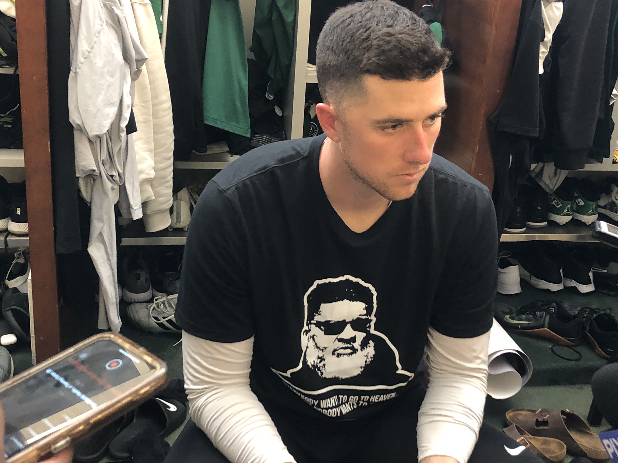 Rich Cimini on X: 'QB Mike White rocking the Ron Middleton shirt. It says:  “Everybody wants to go to heaven, but no one wants to die.” The shirts were  distributed to the