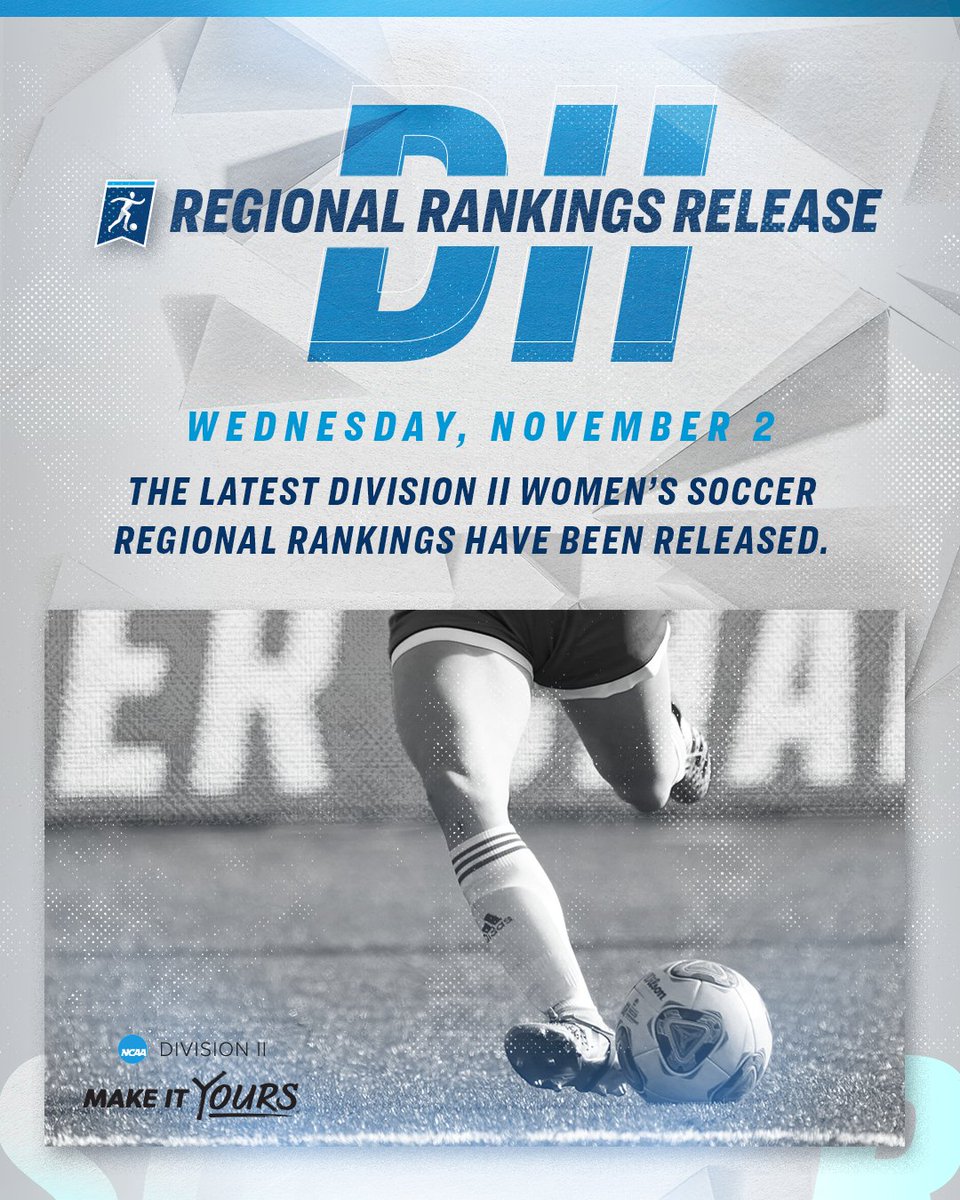 #D2WSOC regional rankings are out!

1️⃣ Atlantic <a href="/WCUWomensSoccer/">WCUWomensSoccer</a> 
1️⃣ Central <a href="/UCM_Soccer/">Jennies Soccer</a> 
1️⃣ East <a href="/gogoldenknights/">Saint Rose Athletics</a> 
1️⃣ Midwest <a href="/GVSUsoccer/">GVSU Soccer</a> 
1️⃣ South <a href="/ERAUWSoccer/">Embry-Riddle Women's Soccer</a> 
1️⃣ Southcentral <a href="/DBUWomensSoccer/">DBU Women's Soccer</a> 
1️⃣ Southeast <a href="/CSUCougarsWSOC/">Columbus State Women’s Soccer</a> 
1️⃣ West <a href="/HiloVulcans/">Hawaii Hilo Vulcans Athletics</a> 

➡️: on.ncaa.com/1102D2WSOCrr