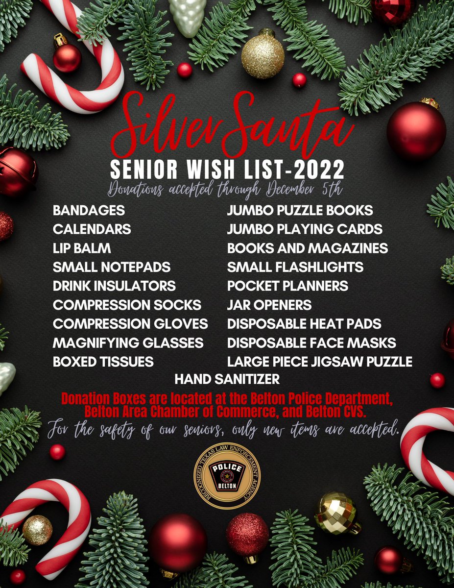 BeltonPolice's tweet photo. 'Tis the season for #SilverSanta! 🎄

If you would like to give a Belton Senior a Merry Christmas, drop boxes are located at BPD, Belton Chamber of Commerce, and Belton CVS. December 5th is the final day to drop off donations.

For the safety of our seniors, please new items only https://t.co/e1U0ayH8U4