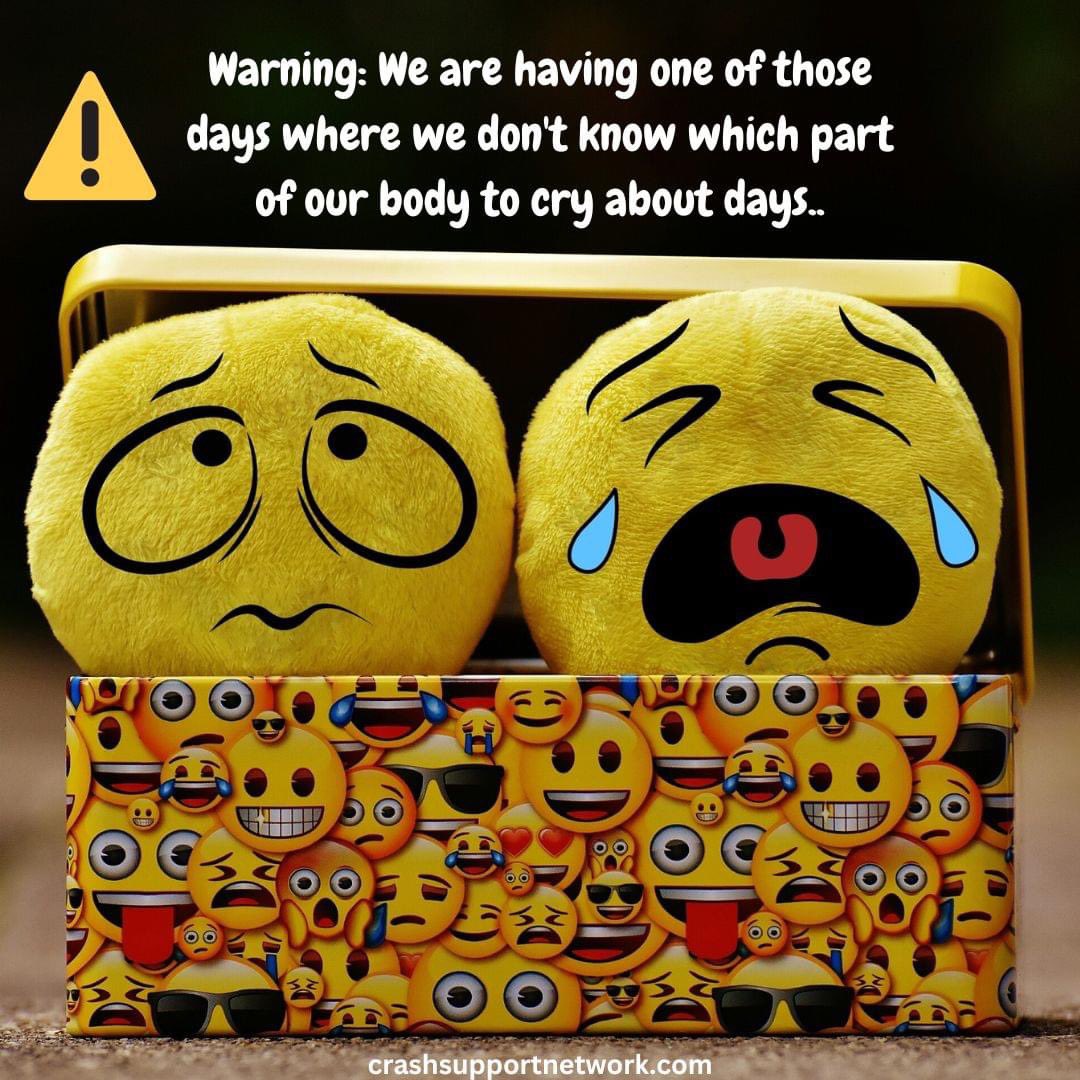 Crashsupportnet's tweet photo. Warning: We will have days where we don't know which part of our body to cry about. Recovery is hard and can be lifechanging. #crashsurvivor #youarenotalone #wearehereforyou #recoveringfromamotorvehiclecrash #crashsupportnetwork #talkcrashtome #onlinecommunity #recoveryishard https://t.co/EZhzCKB7ig