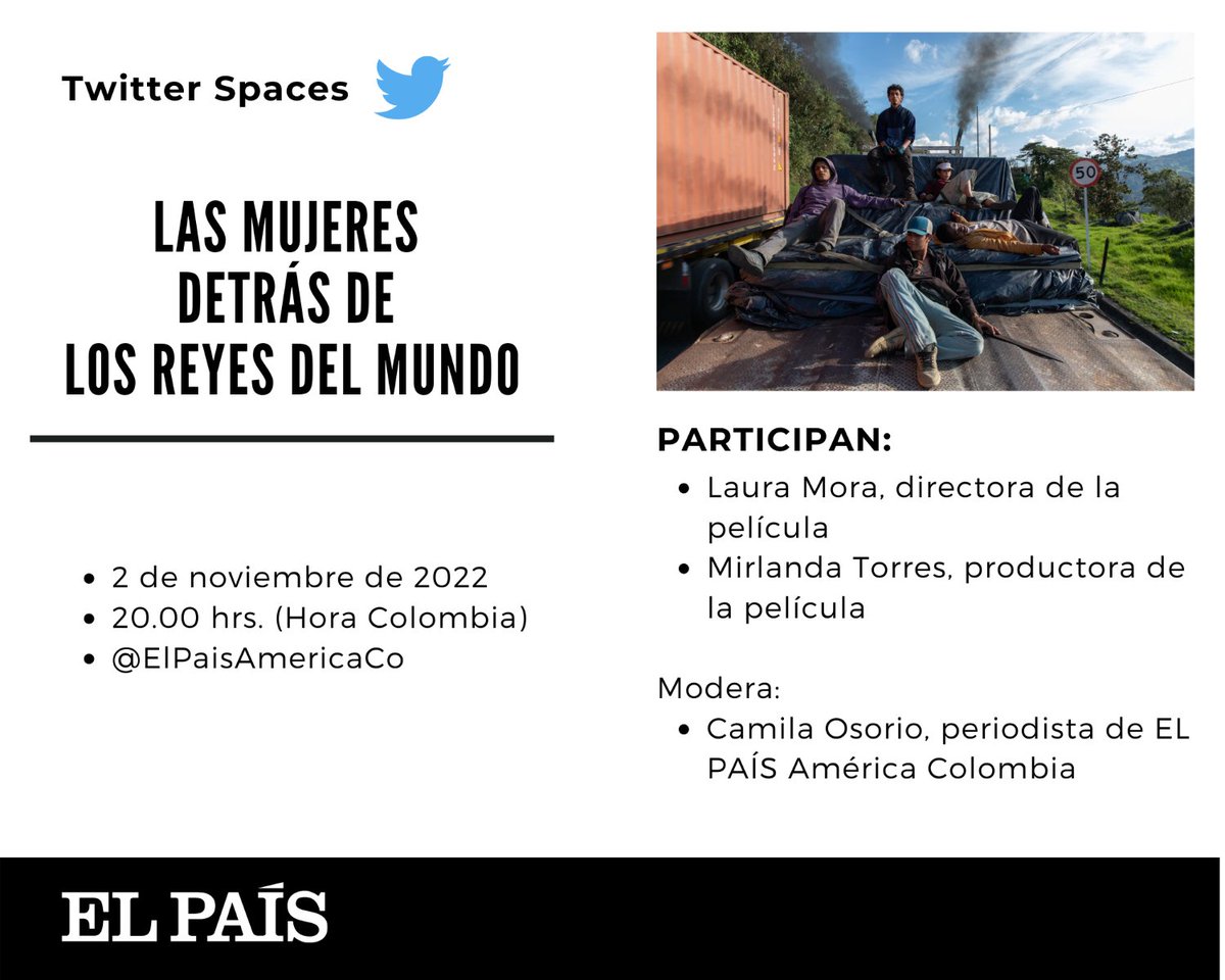 ElPaisAmericaCo's tweet photo. 🎙 #TwitterSpaces 🎬 | Esta noche la directora y la productora de @reyes_delmundo, Laura Mora y Mirlanda Torres, conversan con @Camimi68 sobre el proceso de hacer esta película que ha marcado un hito en el cine colombiano

📌 Escuche la charla aquí 🔗 https://t.co/kR6Sehm4vU https://t.co/ULW0l0C0Tk