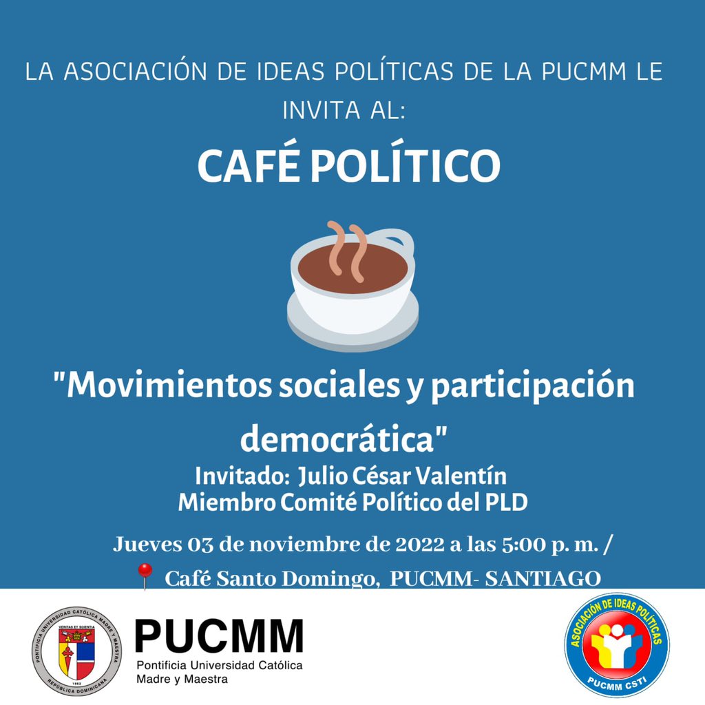 Fernan2bonilla's tweet photo. Este jueves a las 5:00pm @jcesarvalentin participará en el café político de @aippucmm, donde conversará sobre; Movimientos Sociales y Participación Democrática.

#JulioCésarValentin #CaféPolitico #MovimientosSociales #ParticipacionDemocratica #LibroValentin #GenteValienteRD https://t.co/XyqPfyLato
