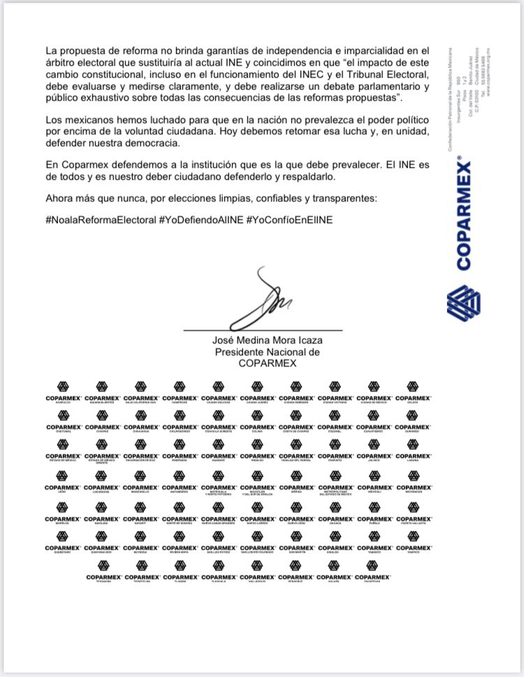 Desde @coparmex solicitamos a diputados y fuerzas políticas, en una carta a la #JUCOPO decir #NoAlaReformaElectoral. La misiva fue signada por nuestro presidente nacional @josemedinamora y por los presidentes de los 68 #CentrosEmpresariales del país.
 #YoDefiendoAlINE