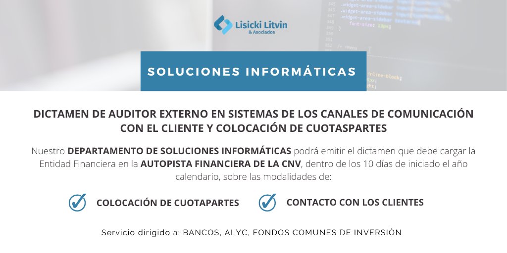 lisickilitvin's tweet photo. Desde #LL emitimos el dictamen que debe cargar la #EEFF en la autopista financiera de la CNV
¿Qué se debe evaluar?
-Nivel de seguridad del sistema de contacto con el cliente
-Planes de contingencia y políticas de seguridad
¡Contactate!
Ing. @CarlosGarciaLL
cgarcia@llyasoc.com https://t.co/KQlpMnmGuz