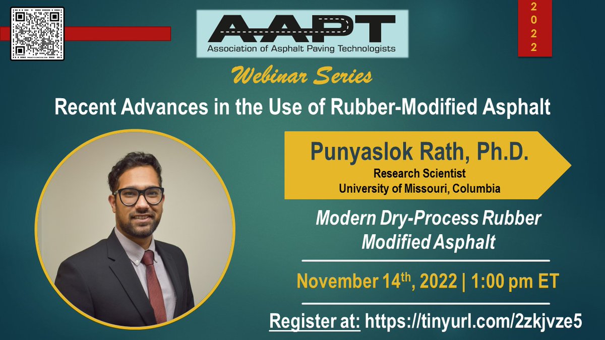 AsphaltTech's tweet image. Upcoming #AAPT webinar will focus on Recent Advances in the Use of Rubber-modified Asphalt. Dr. Punyaslok Rath, from Mizzou will present on the modern dry-process rubber modified asphalt and findings of this technology from recent field projects.
Register: lnkd.in/eGT8SJar