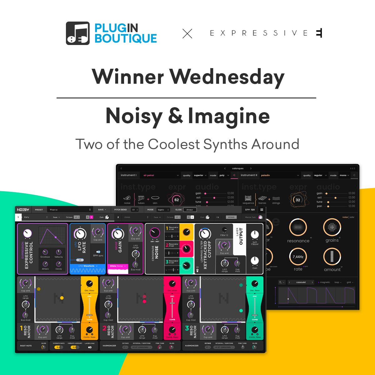 PluginBoutique's tweet photo. We have partnered up with Expressive E to give you the chance to win Noisy &amp; Imagine. 🎉
​
To enter, simply follow us - 
@PluginBoutique 
 
 &amp; retweet this tweet!
​
​The winners will be announced next Wednesday.

More Info: https://t.co/Lscwo8aq3o https://t.co/9vYMcNw6ie