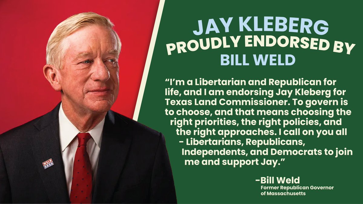 Honored to be endorsed by former Libertarian Vice Presidential nominee, Bill Weld.

As election day nears, our support from Libertarians, Republicans, and Democrats alike continues to grow.

Together, we will ensure the General Land Office is a force of good for ALL Texans.