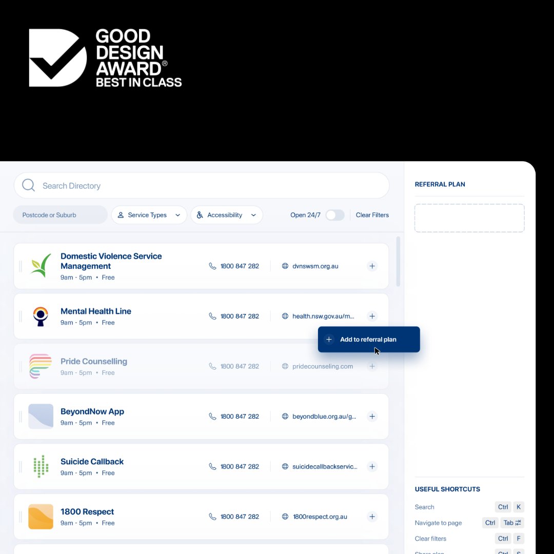 Lifeline - Crisis Supporters Service Tool 2022 Good Design Award Best in Class: Digital Design - Interface Nightjar created an easy to navigate and intuitive tool for Lifeline Crisis Supporters to efficiently find support services and share them with Help Seekers. @LifelineAust
