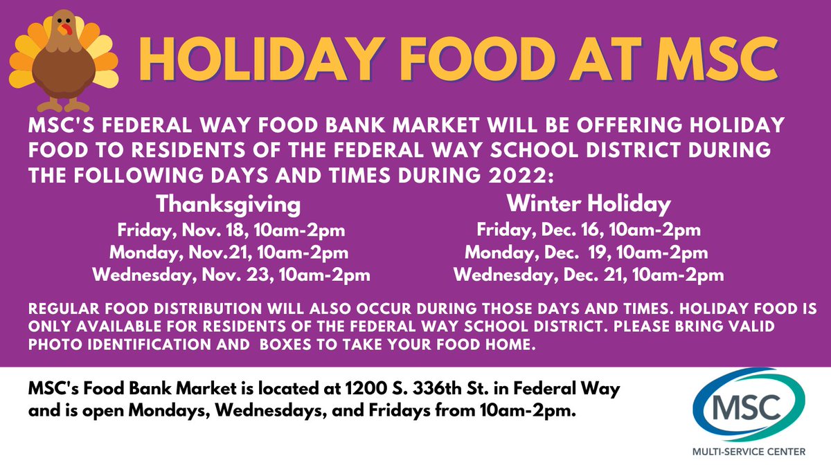 mschelps's tweet image. MSC's Federal Way Food Bank Market will be providing holiday food for Federal Way School District residents in November and December. Details in the photo or at mschelps.org/gethelp/food/. #mschelps #holidayfood