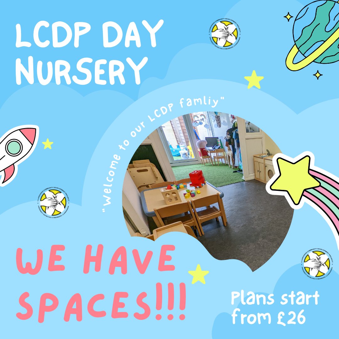 LCDP Day Nursery has spaces for new children aged 0-5 years old to join us. We are open Monday - Friday between 8am and 6pm. We have a lovely setting which is very homely and welcoming. Immediate starts available. Email us for more info on enquiries@lcdp.org.uk 

#lcdpchildcare