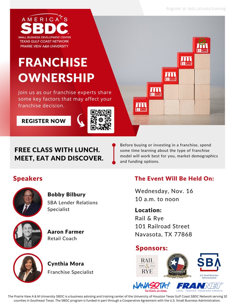 SBDCPrairieView's tweet photo. Interested in buying into a franchise? Join us in Navasota, Texas on November 16, 2022, to learn more about owning and operating a franchise. Be sure to scan the QR to register. Limited seats are available. ⁠
⁠
#franchise #pvamusbdc #sbdc #lunchandlearn #smallbusiness https://t.co/1MY8MtnTkv