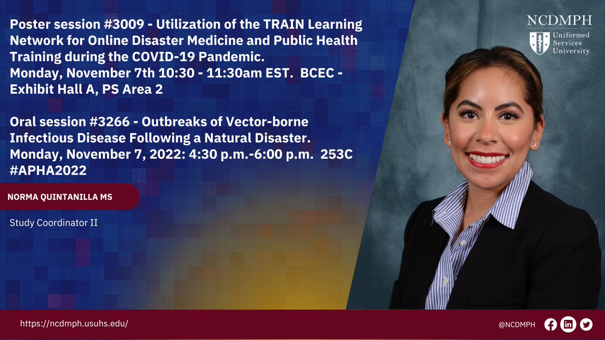 theNIDHC's tweet photo. Add poster session #3009 &amp; oral session #3266 to your #APHA2022 schedule and join the conversation. 
#research #presenter #disaster #disastermedicine #infectiousdisease #preparedness https://t.co/skIeARzLHi