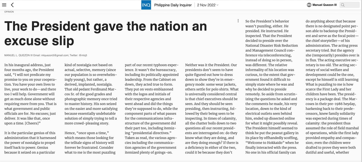 mlq3's tweet photo. My column yesterday dissected two shortcomings the President's handling of the recent typhoon revealed: the absence of a designated storyteller and the curious absence of the First Lady and her kids from the scene. https://t.co/aBJ1XVySpN https://t.co/DmSB6ppTov