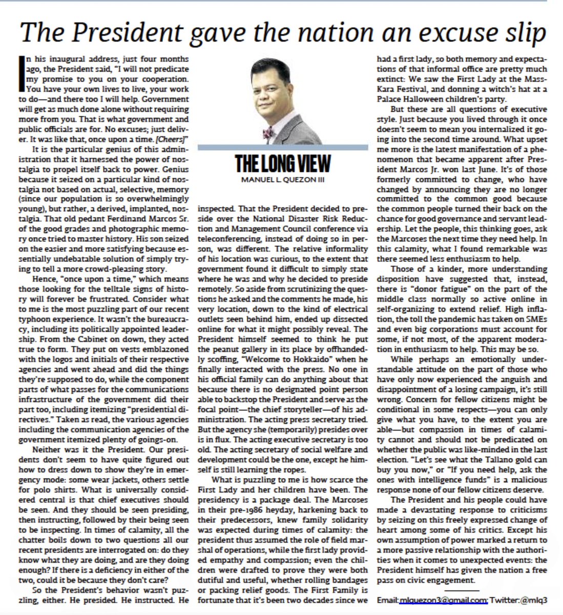 mlq3's tweet photo. My column yesterday dissected two shortcomings the President's handling of the recent typhoon revealed: the absence of a designated storyteller and the curious absence of the First Lady and her kids from the scene. https://t.co/aBJ1XVySpN https://t.co/DmSB6ppTov
