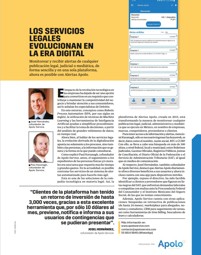 ApoloServiceMX's tweet image. Estamos muy contentos por el artículo publicado en la edición de noviembre de la Revista Expansión, en el cual se reconoce y se hace mención de los servicios y beneficios de la herramienta tecnológica Alertas Apolo apoloservice.com en el sector legal y judicial @JoselHdez