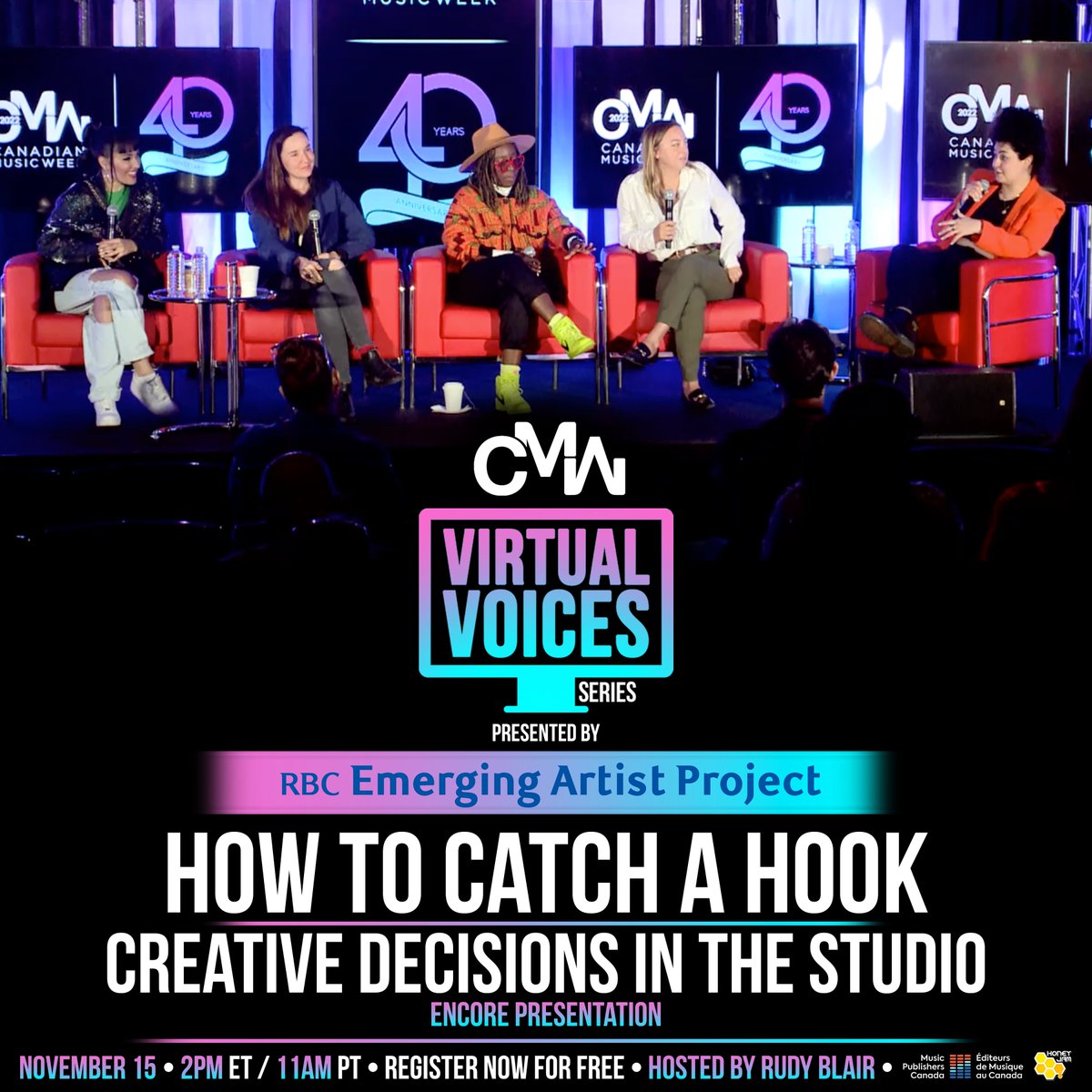 Free registration is now open for Virtual Voices encore presentation of How To Catch A Hook: Creative Decisions In The Studio. Tune in Tuesday, November 15th at 2 pm ET. Link in bio. Presented by RBC Emerging Artists, Music Publishers Canada @canmuspub and @TheHoneyJam