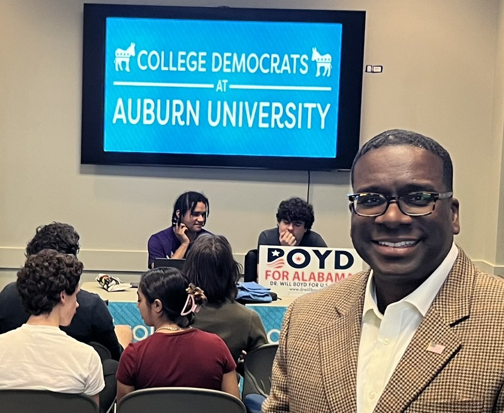 willboydforAL's tweet photo. Thank you College Democrats at Auburn University for inviting me in to share my platform &amp; policies tonight! I’m especially excited about each of you one day taking leadership roles in our local, state, &amp; federal governments! #WarEagle https://t.co/Am2ifqMP5X
