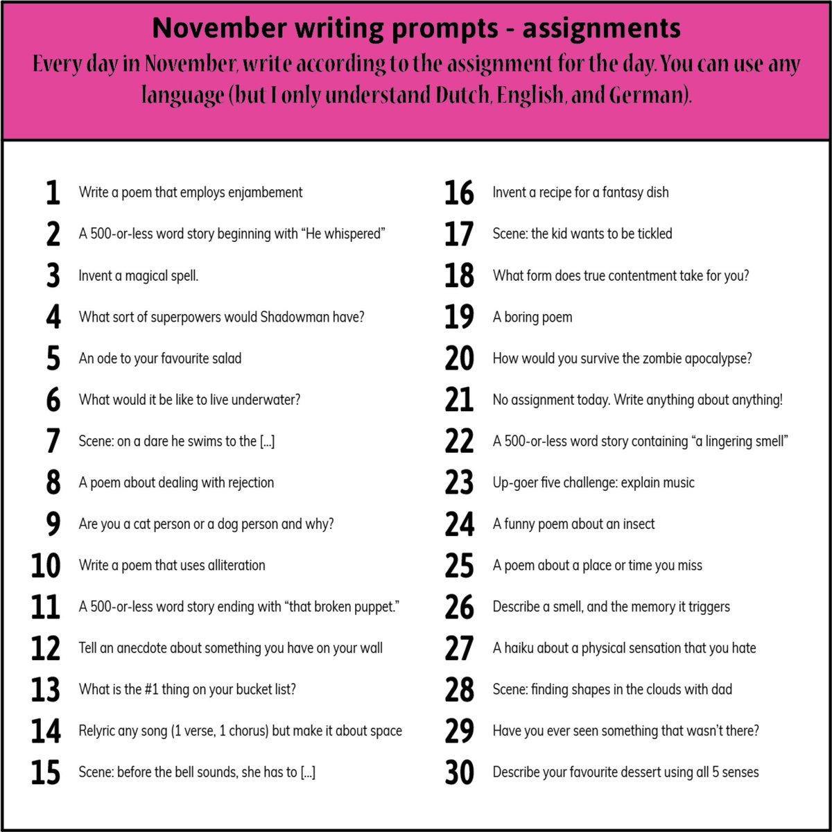 meneer_pastoor's tweet photo. Day 5. Today's topic: CHOCOLATE 🍫. Or maybe an ode to a salad is more your thing 🥗.
#novemberwriting #WritingCommunity #writingprompts https://t.co/4myzV9aKbR