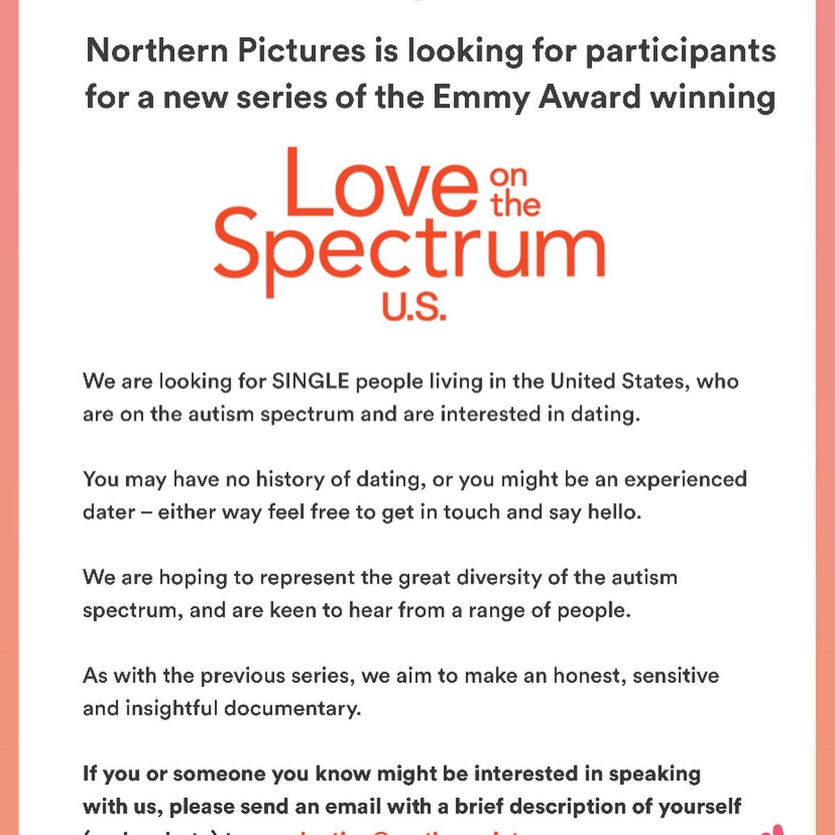 NostraSeanus's tweet photo. Hey #LoveOnTheSpectrumUS fans. #Casting for S2 has begun &amp; I’d love to meet w/ anyone 18+ interested in participating! 
#LoveOnTheSpectrum @netflix https://t.co/icu9tvUNRJ