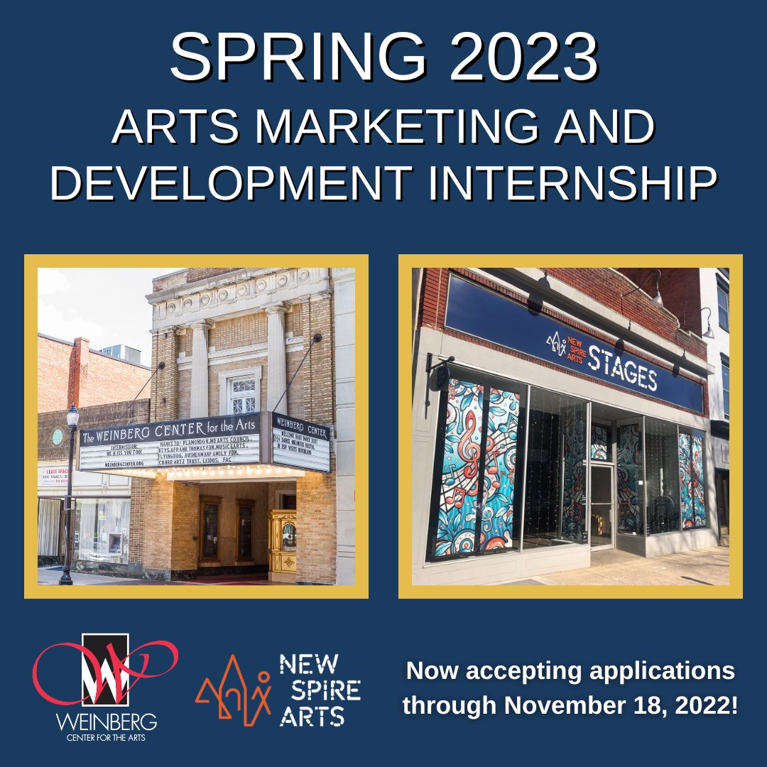 WeinbergCenter's tweet photo. Interested in a career in the arts? Consider our Arts Marketing & Development Internship for Spring 2023! Open to all college students. Applications are being accepted through November 18. https://t.co/LxDtQLl6jr #weinbergcenterforthearts #weinbergcenter #springinternship2023 https://t.co/laHzCPwsjC