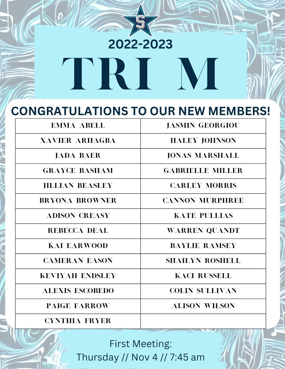Siegel Band (@siegelhighband) on Twitter photo Congrats to our newest members of <a href="/SiegelHighStars/">Siegel High School</a> Tri-M Music Honor Society!
We’ll have a quick meeting at 7:45 tomorrow morning (11-4-2022) to talk about our first event that’s coming up on 11-17-2022.
Congrats again! Congrats to our newest members of <a href="/SiegelHighStars/">Siegel High School</a> Tri-M Music Honor Society!
We’ll have a quick meeting at 7:45 tomorrow morning (11-4-2022) to talk about our first event that’s coming up on 11-17-2022.
Congrats again!
