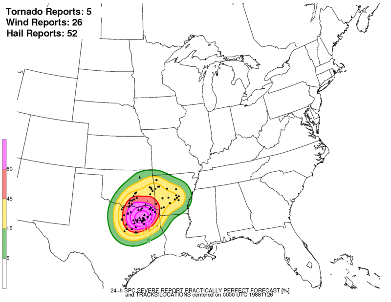 NbergWX's tweet photo. Two of the three top analogs for Friday evening's severe weather threat:

Left: November 26, 1988
Right: November 5th, 1994

Between them, 69 reports of severe hail, 157 wind gusts of 58+ MPH, and 8 tornadoes.

All the top-10 analogs were in either Nov. or Dec. for NE Texas! https://t.co/odum5iM8UY