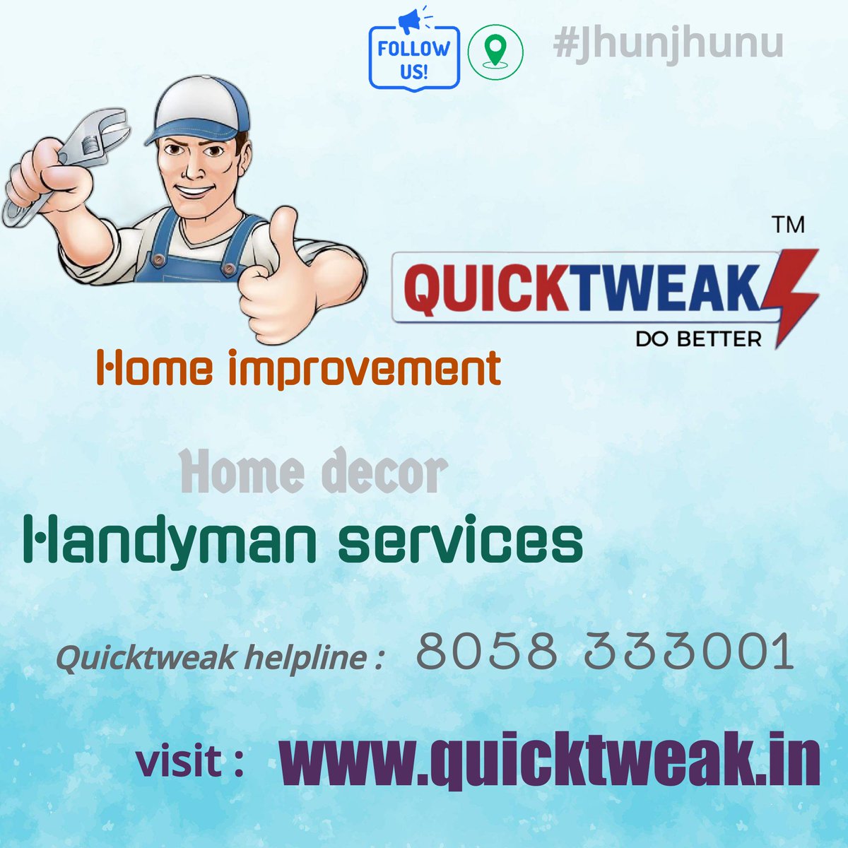 quicktweak_in's tweet photo. #Jhunjhunu #quicktweakjhunjhunu
https://t.co/mtWnkE77Ik
#athomeservices #jhunjhunucity
#333001 https://t.co/8hpnd7vPR6