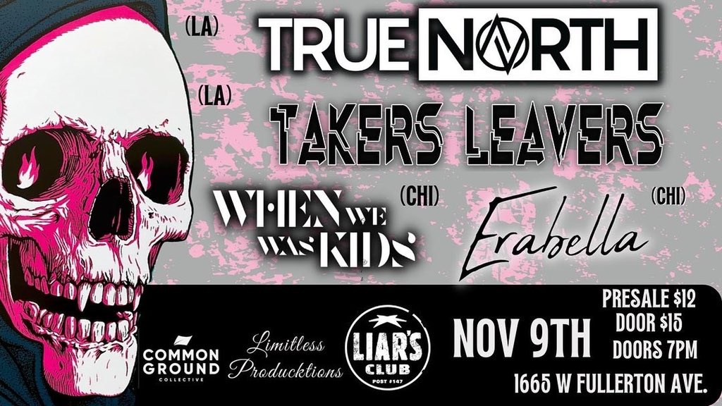 Erabella (@erabellaband) on Twitter photo 📣📣📣
11.09 at @LIARSCLUBTWITS
<a href="/truenorthbandla/">True North</a>
<a href="/takersleavers/">Takers Leavers</a>
Erabella
<a href="/whenwewaskidsIL/">When We Was Kids</a>
$12 Tickets 👉 bit.ly/3fjagUM 📣📣📣
11.09 at @LIARSCLUBTWITS
<a href="/truenorthbandla/">True North</a>
<a href="/takersleavers/">Takers Leavers</a>
Erabella
<a href="/whenwewaskidsIL/">When We Was Kids</a>
$12 Tickets 👉 bit.ly/3fjagUM