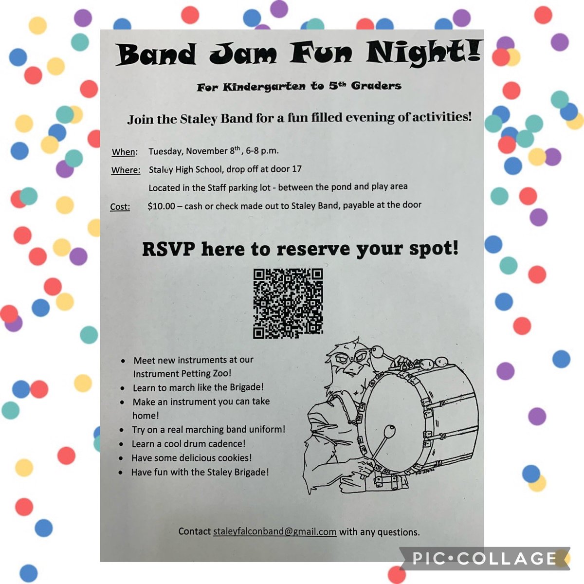 Hey future band family members! @StaleyDiamonds Winterguard Auditions (Nov 7 & 10) and Band Jam for k-5 elementary students (Nov 8) Come join in the fun!