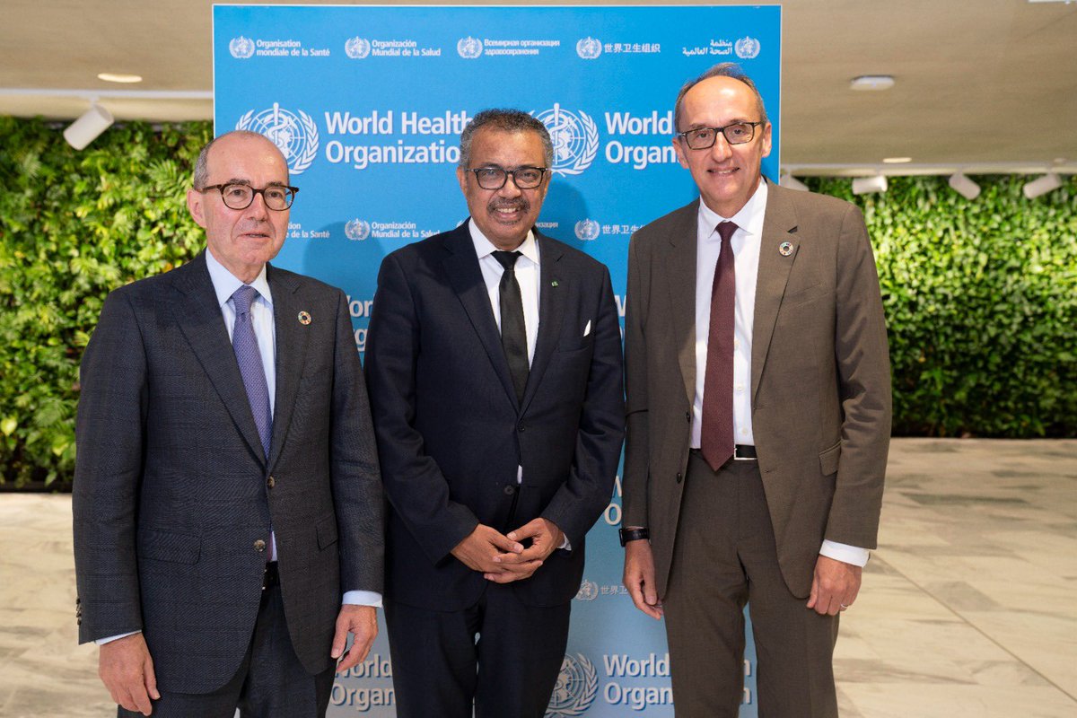 DrTedros's tweet photo. Solving equity &amp; access issues on life-saving health tools like vaccines &amp; treatments is critical as the 🌍 prepares for future disease outbreaks. Met with @IFPMA's leadership, @ThomasCueni &amp; Jean-Christophe Tellier, to discuss these opportunities, building on #COVID19 lessons. https://t.co/Y6qKFZ9LHo