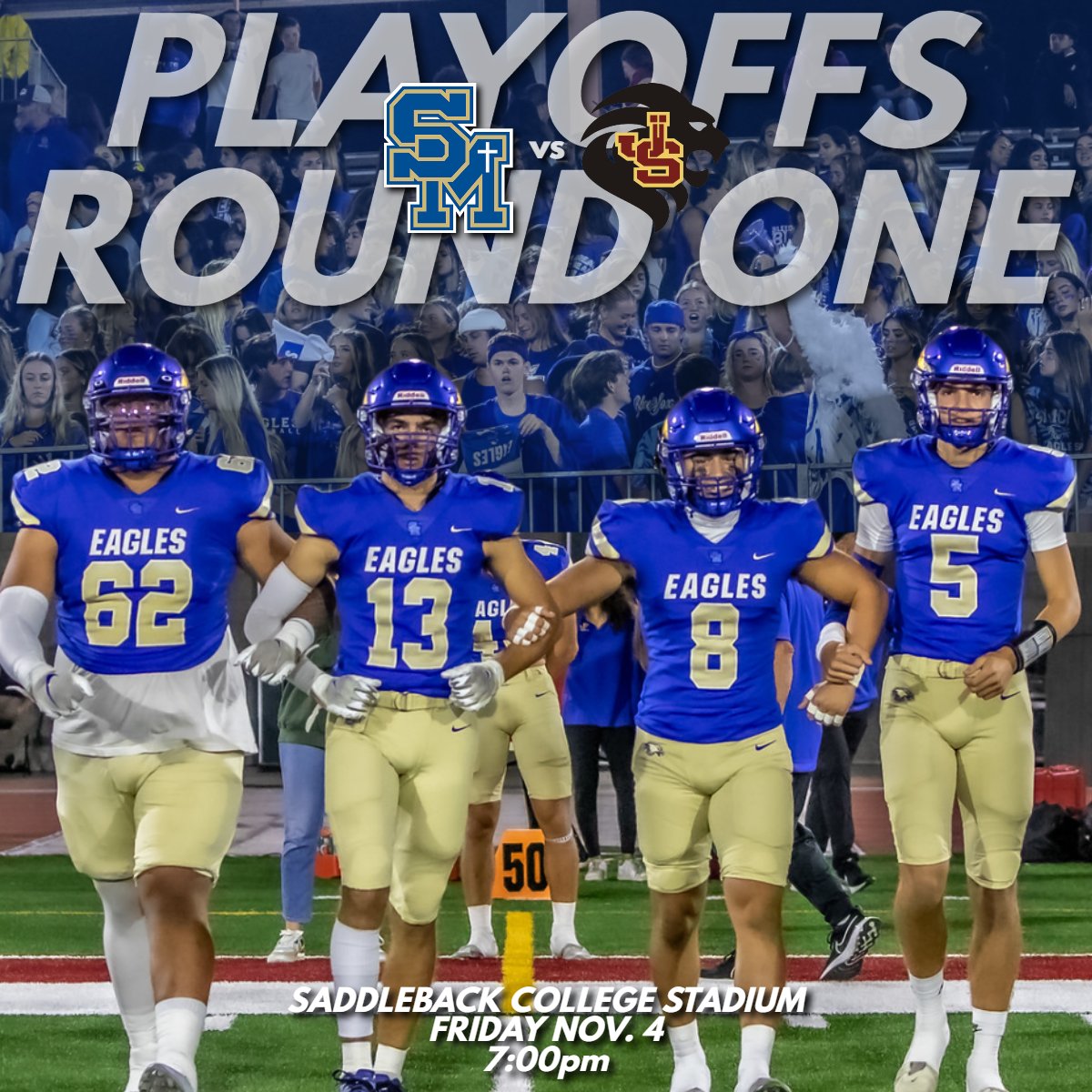 SMCHS_Football's tweet photo. The Eagles get to take on the Lions AGAIN at Saddleback College! Come out and support your Eagles as they take on rival, JSerra.

See you all Friday Night

#GoEagles🦅 #WeAreSM https://t.co/Ls829okumi