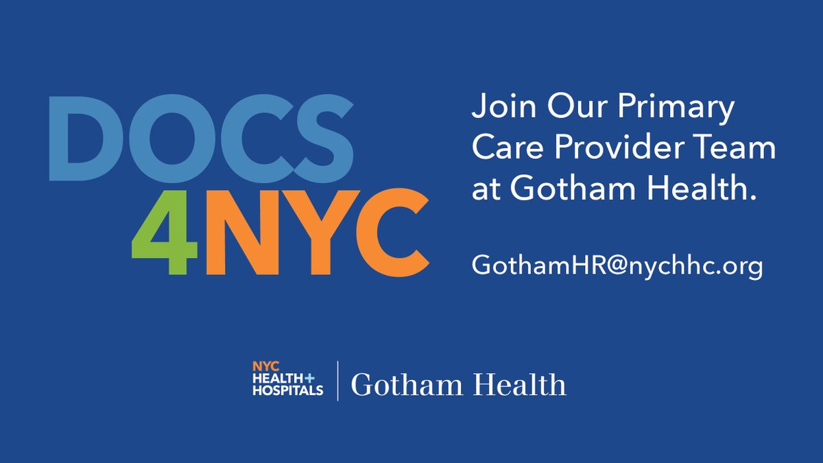 NYCGothamHealth's tweet photo. We are looking for talent - Gotham Health is #Hiring new physicians to serve in our network of over 30 health centers, providing primary care and specialty services to all New Yorkers. Submit your resume at GothamHR@nychhc.org
#DOCS4NYC
#PrimaryCare https://t.co/qUu4vJyNQ4