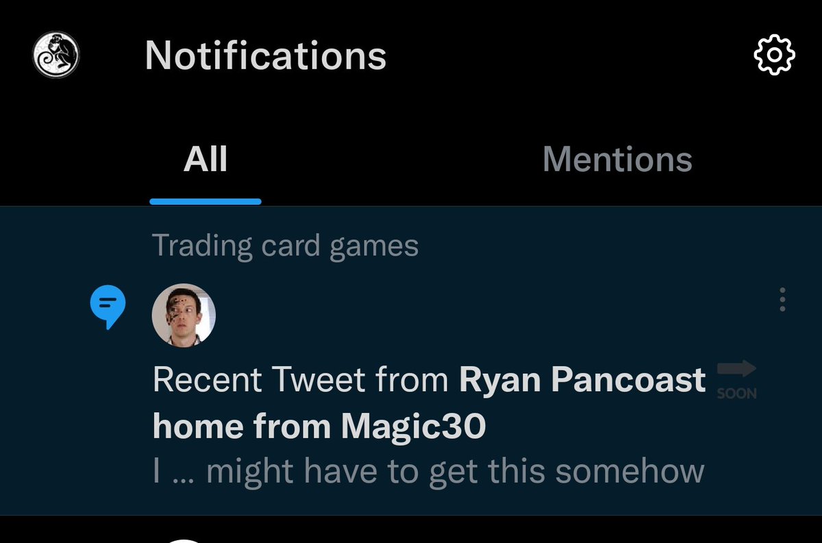 monkpuzz's tweet photo. @TwitterSupport Sure here's today's. There's one everyday. I'm not following this guy, he didn't mention me or tweet at me,  and I don't play trading card games. I don't follow any topics so why do I get the little bell for one every time I log in? https://t.co/cXVmBb4Pig