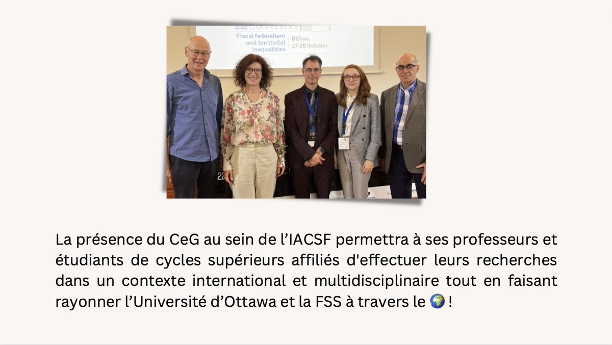 👏🏼Le CeG est fier de vous annoncer son adhésion à la International Association of Centers for Federal Studies. Sur la base de son axe de recherche ‘Fédéralisme et gouvernance multiniveau’mené par le professeur André Lecours!

<a href="/erchampagne/">Eric Champagne</a> <a href="/uOttawaFSS/">Social Sciences Sociales</a> <a href="/UOttawaPoliSci/">uOttawaPoliSci</a> <a href="/danielbeland/">Daniel Béland</a>