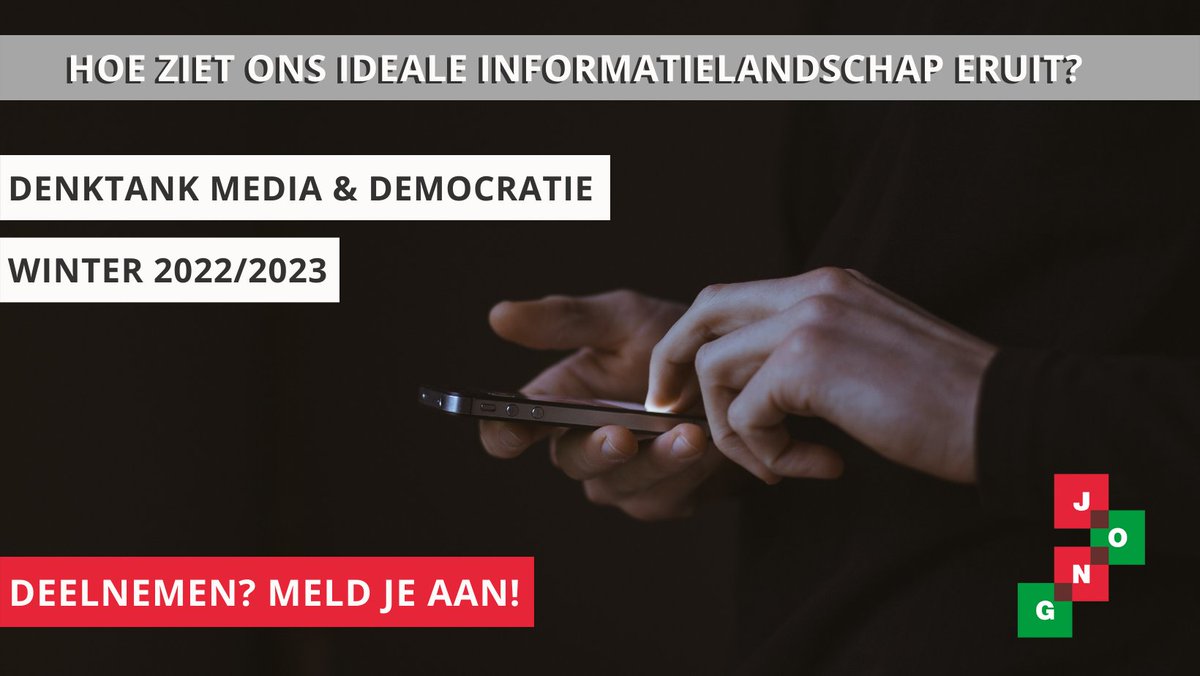 Het Jong Wetenschappelijk Bureau GroenLinks organiseert deze winter een denktank over Media &amp; Democratie. Samen met jonge groene en linkse denkers gaan we aan de slag met een visie op ons informatielandschap in 2050. 

Denk jij mee? Meld je dan gauw aan!
wetenschappelijkbureaugroenlinks.nl/jongwb-denktan…