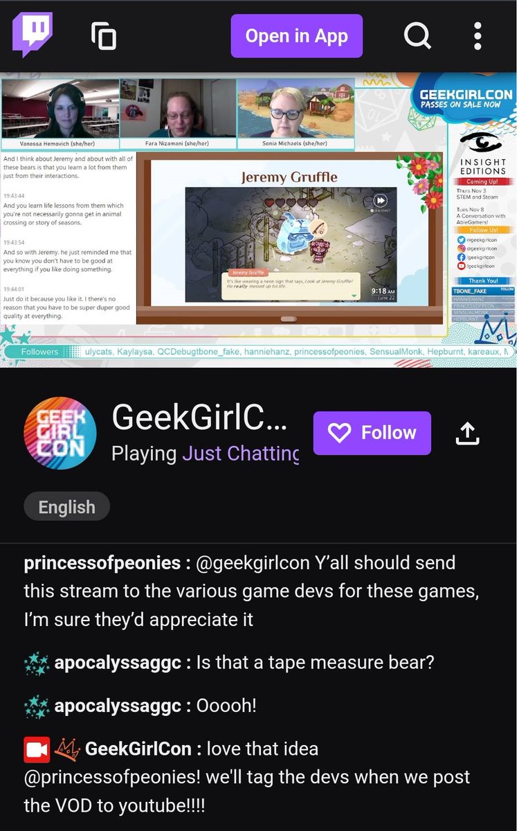 That one time I was a Twitch streamer! Very fun. Thank you #GeekGirlCon2022 and to my fabulous #DigiPen colleagues, Dr. Fara Nizamani and Sonia Michaels. Our session "Tend &amp; Befriend - The Power of Community Focused Games" is at Twitch.TV/GeekGirlCon.