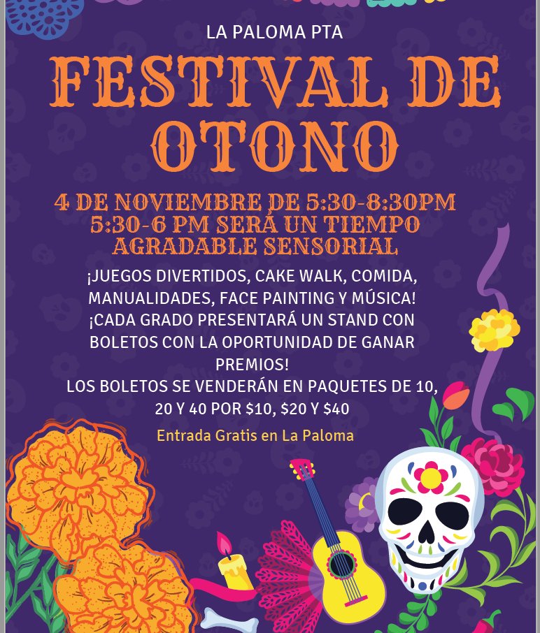 Don't forget to join us for our Fall Festival! See the flyer for more information... ¡No olvide de unirse a nosotros para nuestro Festival de Otoño! Consulte el folleto para obtener más información.