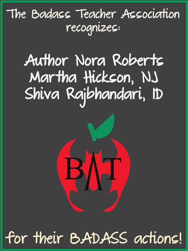 IdahoBATs (@idahobats) on Twitter photo Thank you to famous author Nora Roberts and to Martha Hickson New Jersey & Shiva Rajbhandari Idaho for your awesome work supporting Public Education. #TBATs .<a href="/BadassTeachersA/">Badass Teachers Asso</a>
See why: facebook.com/BadassTeachers… .<a href="/NJBatsa/">NJ Bats</a> .<a href="/MarylandBAT/">Maryland BAT</a> Thank you to famous author Nora Roberts and to Martha Hickson New Jersey & Shiva Rajbhandari Idaho for your awesome work supporting Public Education. #TBATs .<a href="/BadassTeachersA/">Badass Teachers Asso</a>
See why: facebook.com/BadassTeachers… .<a href="/NJBatsa/">NJ Bats</a> .<a href="/MarylandBAT/">Maryland BAT</a>