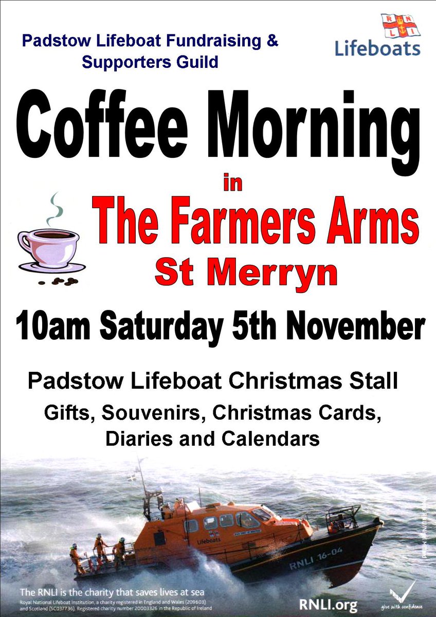 Join us for a coffee morning this weekend at the Farmers Arms, St Merryn! #savinglivesatsea #rnli