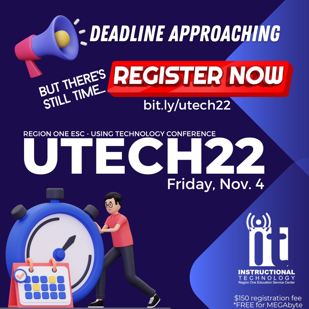 It's almost here! #UTECH22 Happening the day after tomorrow - Friday, Nov. 2. 🗺️ Where: @RegionOneESC Conference Center 📢 Keynote: @JaimeDonally 🏆 Door prizes: Yeah ✅ 🥗 Lunch: provided! We can't wait to see you! Follow this🔗 to register: bit.ly/utech22