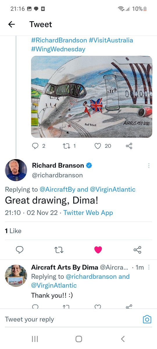 AircraftBy's tweet photo. When @richardbranson likes my airplane drawings! βοΈπΌ People's appreciation boosts motivation!
#airplanes #airplanedrawing #VirginAtlantic #Virgin #VirginAustralia #RichardBrandson #aviation #art https://t.co/usQA2VQu0E
