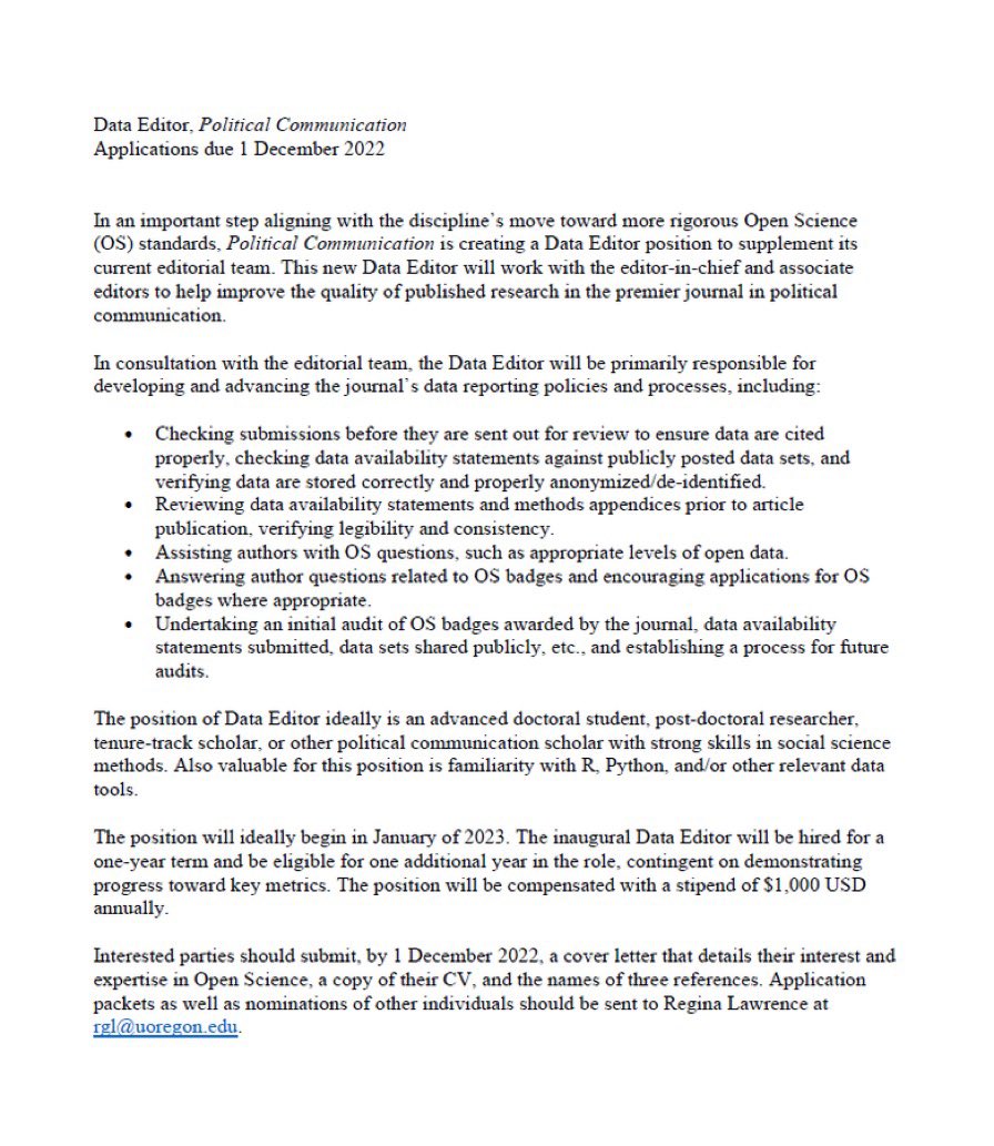 Political Communication 📓 (@polcommjournal) on Twitter photo Political Communication is hiring our first ever Data Editor! Those with a particular interest in #OpenScience would be well suited for the role. See more info below and reach out to a team member (this account, <a href="/LawrenceRegina/">Dr. Regina Lawrence</a>, or any AE) with questions! 🧑💻😄 Political Communication is hiring our first ever Data Editor! Those with a particular interest in #OpenScience would be well suited for the role. See more info below and reach out to a team member (this account, <a href="/LawrenceRegina/">Dr. Regina Lawrence</a>, or any AE) with questions! 🧑💻😄