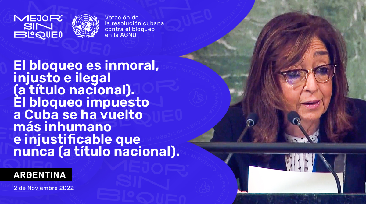 EmbaCuba_Argel's tweet photo. #Argentine🇦🇷 | "Le blocus est immoral, injuste et illégal. L’embargo imposé à Cuba est plus inhumain et injustifiable que jamais."

📌 Débat à l'#AGNU sur la résolution du blocus des #EtatsUnis 🆚 #Cuba 🇨🇺.

#LiveBetterEndTheEmbargo https://t.co/kkePx3Kbll