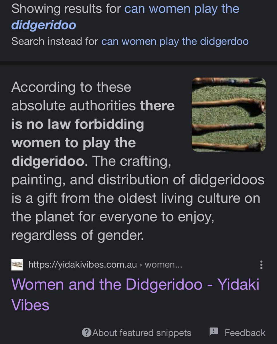 JenKinsing's tweet photo. @AngelaSterritt @johnpaille @WalkOffTheEarth I’ve been looking into this as everyone complaining about this seems to be white people speaking on behalf of aboriginals. There are multiple verified web sites stating that women are allowed to play the didge. Apparently it’s a myth that’s gotten out of control. https://t.co/s0E55ET7WR