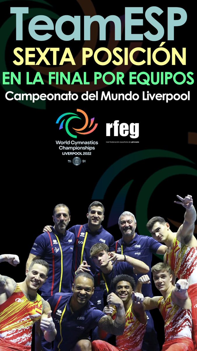 RFEGimnasia's tweet photo. ¡SEXTOS DEL MUNDO! 🙌🏼

🤸🏻 El #TeamESP finaliza la final por equipos del Campeonato del Mundo de Liverpool en 6ª posición con 244.027 puntos. 

¡Enhorabuena equipazo! 🔝 #WGC2022 #GAM https://t.co/YPZuSrcLGH