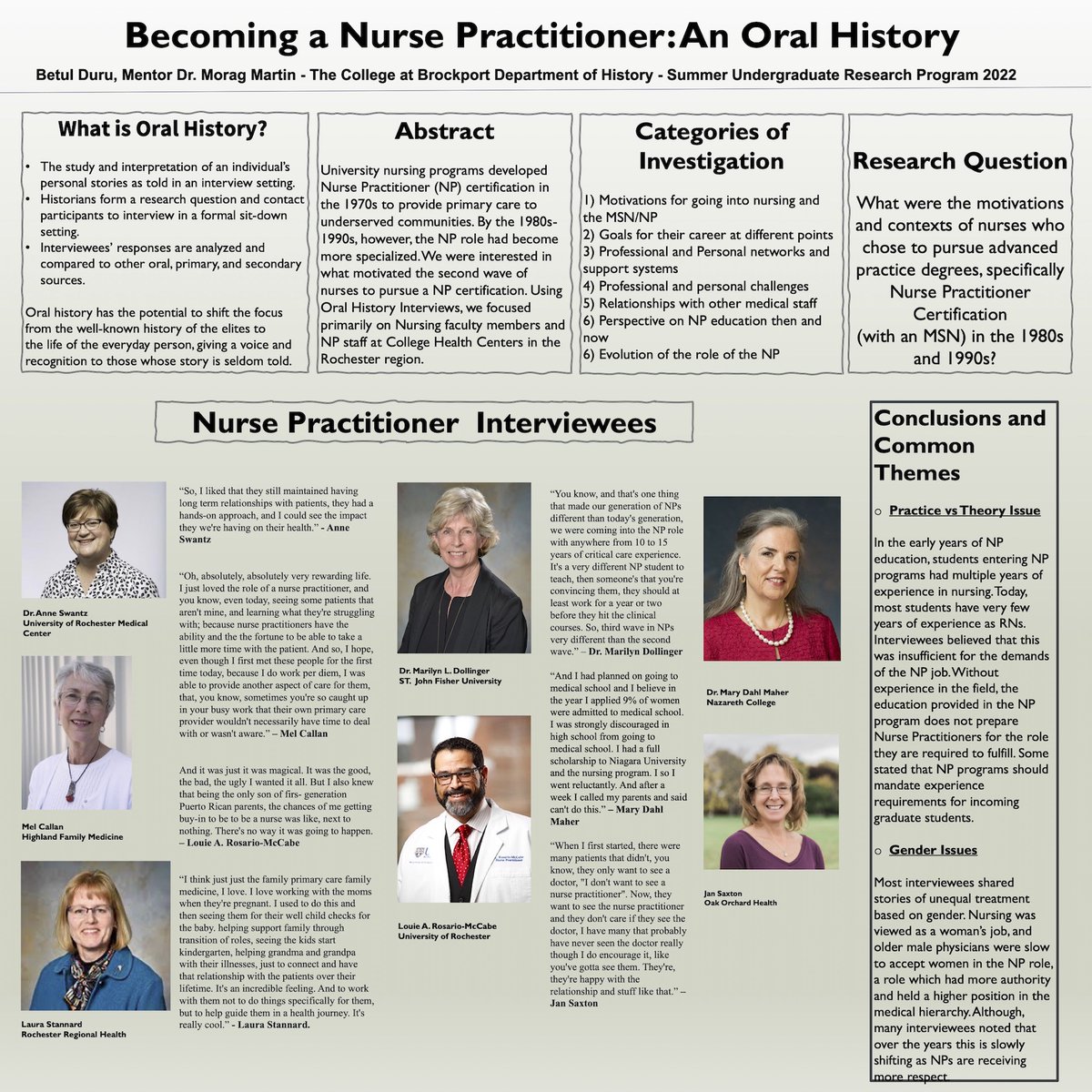History Major Betul Duru Creates “Becoming a Nurse Practitioner—An Oral History” through the 2022 <a href="/SUNY/">SUNY - The State University of New York</a> <a href="/Brockport/">SUNY Brockport</a> Summer Undergraduate Research Program, working with Dr. Morag Martin. #brockporthist sunybrockporthistorydept.net/timelines/hist…