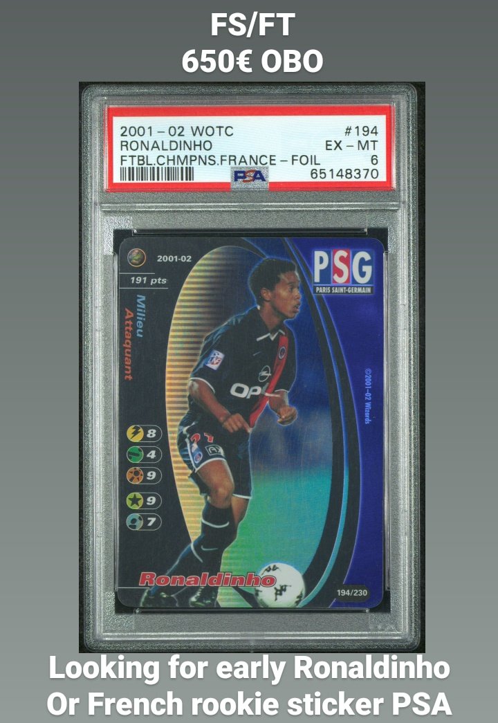ino_olivier's tweet photo. For sale / For Trade
Ronaldinho PSG Foil Wizards Football Champions 2001 2002
650€ OBO https://t.co/BJmqjktLN3