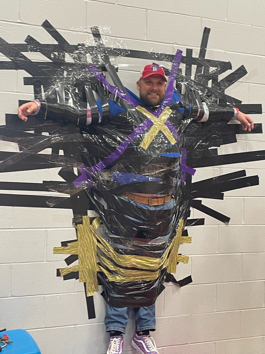 spacegirl_7's tweet image. Can you guess how many rolls of duct tape it took to tape up Mr. Mize to the wall? @CodyMize1 @HaysBMS @HaysCISD