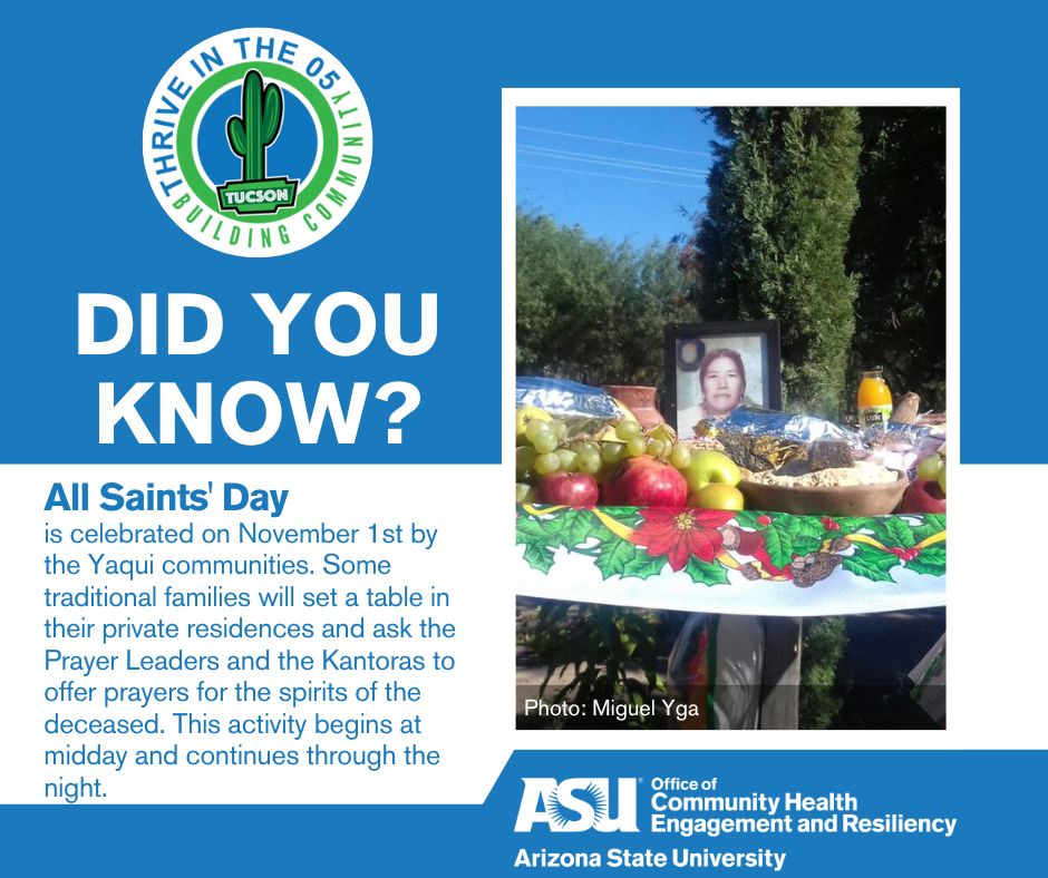 AsuOcher's tweet photo. #TuesdayTrivia Did you know that All Saints Day is celebrated by the #Yaqui  communities on Nov 1st?  This holiday is intended to celebrate and pray for the spirits of the deceased. This activity begins midday and continues throughout the night. 
 #pascuayaqui  #allsaintsday https://t.co/6K2yJ8vtAl