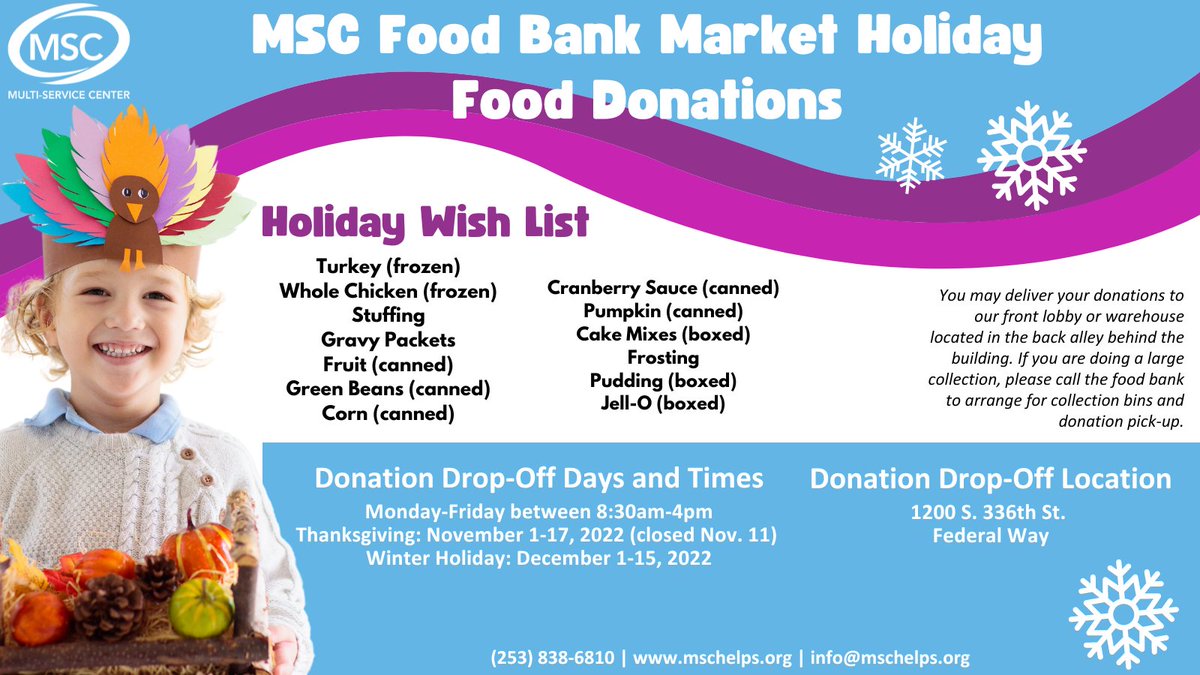 mschelps's tweet image. We need your help to provide the fixings for holiday meals to the individuals and families we serve through the MSC Federal Way Food Bank Market! Please consider hosting a drive or donating food items from the wish list below. #mschelps #holidayfood